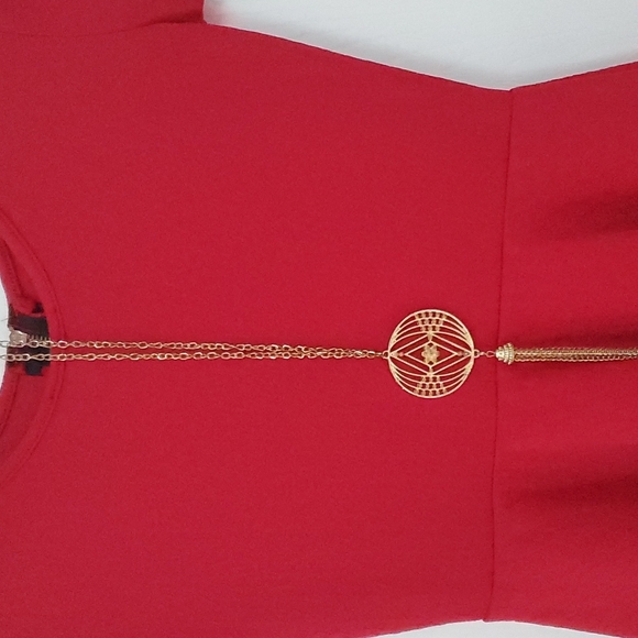 Dressy, short sleeve top with gold necklace, Color: Red - Picture 3 of 7